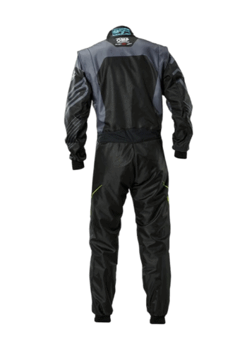 Grand Prix Racewear racing suit in black and grey with protective padding, designed for motorsport safety and performance.
