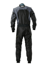 Grand Prix Racewear racing suit in black and grey with protective padding, designed for motorsport enthusiasts and professional drivers.