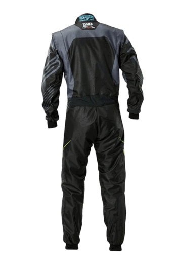 Grand Prix Racewear racing suit in black and grey with protective padding, designed for motorsport enthusiasts and professional drivers.