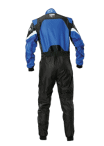 Grand Prix Racewear racing suit in blue and black with sponsor logos, designed for motorsport safety and performance.