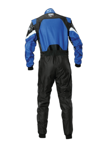 Grand Prix Racewear racing suit in blue and black with sponsor logos, designed for motorsport safety and performance.
