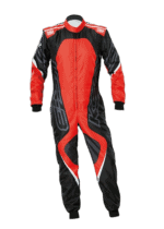Grand Prix Racewear racing suit in red and black with branding, designed for motorsport safety and performance.