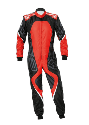 Grand Prix Racewear racing suit in red and black with branding, designed for motorsport safety and performance.