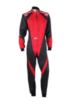 Grand Prix Racewear racing suit in red and black with OMP branding, designed for motorsport safety and performance.