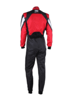 Grand Prix Racewear racing suit in red, black, and white with OMP branding, designed for motorsport safety and performance.