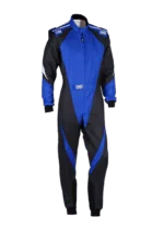 Grand Prix Racewear racing suit in blue and black with OMP branding, designed for motorsport safety and performance.