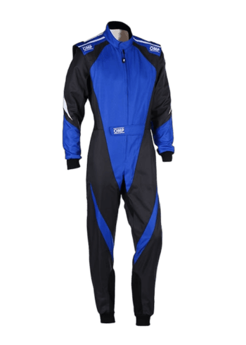 Grand Prix Racewear racing suit in blue and black with OMP branding, designed for motorsport safety and performance.