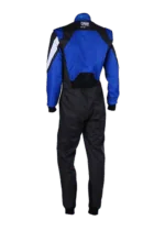 Blue and black Grand Prix Racewear racing suit with protective padding and branding, designed for motorsport safety and performance.