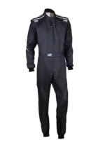 Grand Prix Racewear racing suit in black with white logo details, designed for motorsport safety and performance.