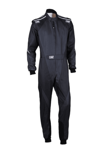 Grand Prix Racewear racing suit in black with white logo details, designed for motorsport safety and performance.