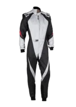 Grand Prix Racewear racing suit in black, white, and red with OMP branding, designed for motorsport safety and performance.