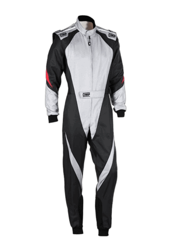 Grand Prix Racewear racing suit in black, white, and red with OMP branding, designed for motorsport safety and performance.