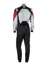 Grand Prix Racewear racing suit in black, white, and red with protective padding, designed for motorsport safety and performance.