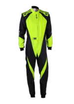 High-visibility racing suit by Grand Prix Racewear featuring neon yellow and black design for motorsport safety and performance.