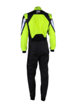 High-visibility racing suit from Grand Prix Racewear with neon yellow and black design, ideal for motorsport safety and performance.