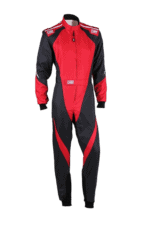 Grand Prix Racewear racing suit in red and black with OMP branding, designed for motorsport safety and performance.