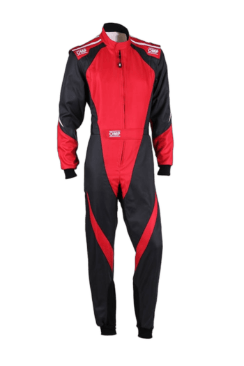 Grand Prix Racewear racing suit in red and black with OMP branding, designed for motorsport safety and performance.