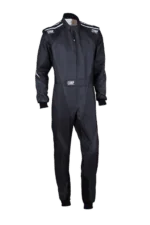 Grand Prix Racewear racing suit in black with white logo details, designed for professional motorsport drivers.
