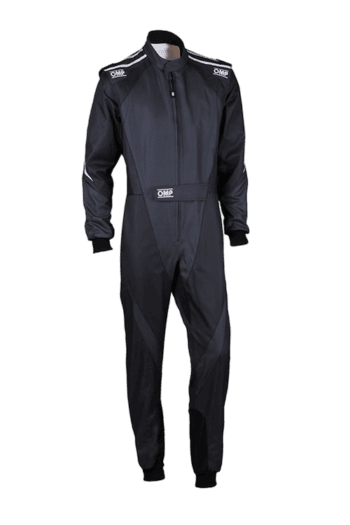 Grand Prix Racewear racing suit in black with white logo details, designed for professional motorsport drivers.
