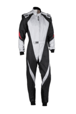 High-quality Grand Prix racing suit from GPR Direct featuring black, white, and red design with OMP branding, ideal for professional motorsport drivers.