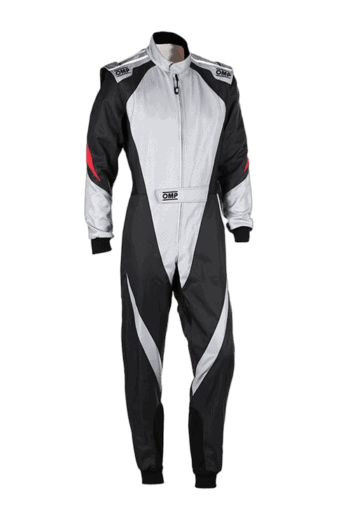 High-quality Grand Prix racing suit from GPR Direct featuring black, white, and red design with OMP branding, ideal for professional motorsport drivers.