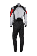 Grand Prix Racewear racing suit in black, white, and red with protective padding, designed for motorsport drivers.