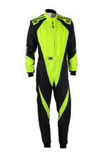 Grand Prix Racewear racing suit in high-visibility yellow and black, designed for motorsport safety and performance.