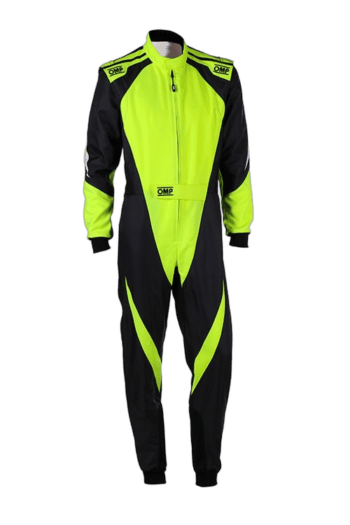 Grand Prix Racewear racing suit in high-visibility yellow and black, designed for motorsport safety and performance.