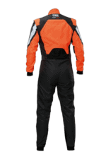 Grand Prix Racewear racing suit in orange and black with protective padding, designed for motorsport safety and performance.