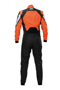 Grand Prix Racewear racing suit in orange and black with protective padding, designed for motorsport safety and performance.