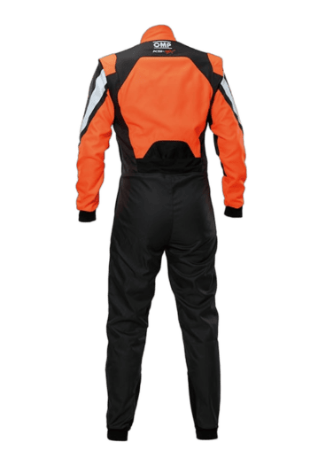 Grand Prix Racewear racing suit in orange and black with protective padding, designed for motorsport safety and performance.