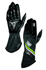 Black and green Grand Prix Racewear racing gloves with OMK branding, designed for motorsport enthusiasts and professional racers.