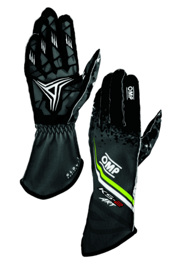 Black and green Grand Prix Racewear racing gloves with OMK branding, designed for motorsport enthusiasts and professional racers.