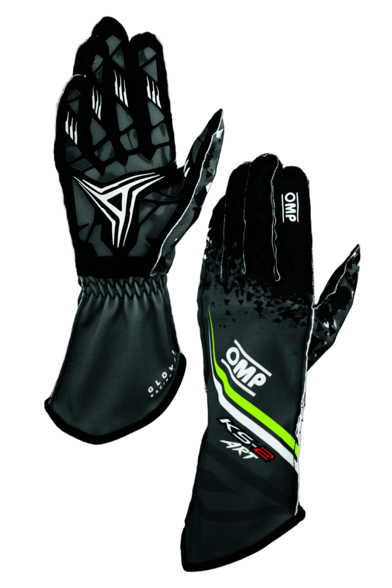 Black and green Grand Prix Racewear racing gloves with OMK branding, designed for motorsport enthusiasts and professional racers.