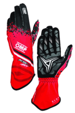 Red and black OMP racing gloves designed for motorsport, featuring grip-enhancing palms and flexible finger zones for optimal control.