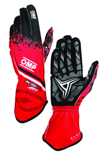 Red and black OMP racing gloves designed for motorsport, featuring grip-enhancing palms and flexible finger zones for optimal control.