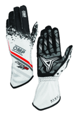 High-performance OMP Grand Prix Racewear racing gloves with black, white, and red design, featuring grip-enhancing palms and flexible finger zones for motorsport racing.