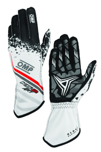 High-performance OMP Grand Prix Racewear racing gloves with black, white, and red design, featuring grip-enhancing palms and flexible finger zones for motorsport racing.