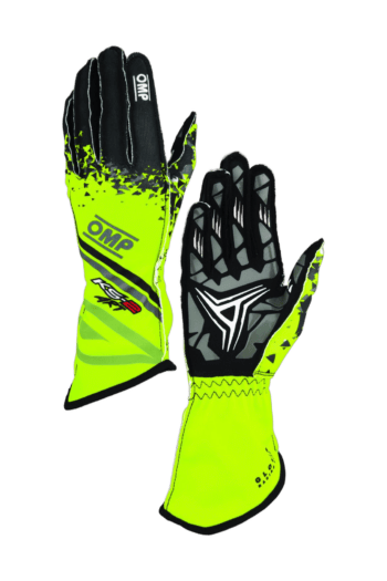 High-visibility yellow and black motocross gloves from Grand Prix Racewear with protective padding and grip-enhancing design.