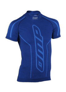 Blue OMP Grand Prix Racewear racing jersey with technical fabric and branding details for motorsport enthusiasts.