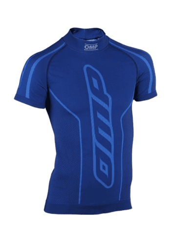 Blue OMP Grand Prix Racewear racing jersey with technical fabric and branding details for motorsport enthusiasts.