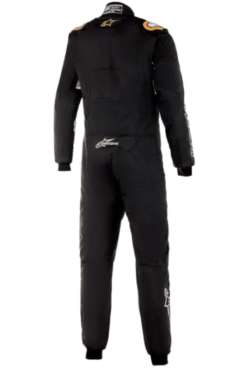 Alpinestars Hypertech V2 Race Suit in black with orange and white accents, designed for professional racing and safety.
