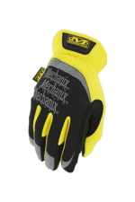 Yellow and black Mechanix racing glove designed for motorsport safety and grip, featuring branding and durable materials.