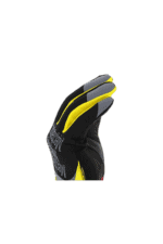 Close-up of a racing glove from Grand Prix Racewear, featuring black, yellow, and grey design for motorsport safety and performance.