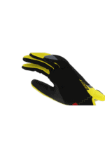 Close-up of a black and yellow racing glove designed for motorsport, featuring reinforced padding and flexible material for optimal grip and protection.