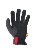 Black racing glove with red strap and yellow logo, designed for motorsport safety and grip.