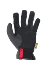 Close-up of a black racing glove with red and yellow accents, designed for motorsport safety and grip.