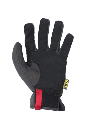 Close-up of a black racing glove with red and yellow accents, designed for motorsport safety and grip.