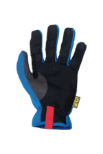 Close-up of a racing glove from Grand Prix Racewear, featuring black, blue, and grey materials with a red strap for secure fit.