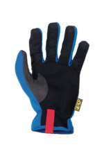 Close-up of a racing glove with black, blue, and grey fabric, designed for motorsport safety and grip, featuring a red strap and yellow tag.